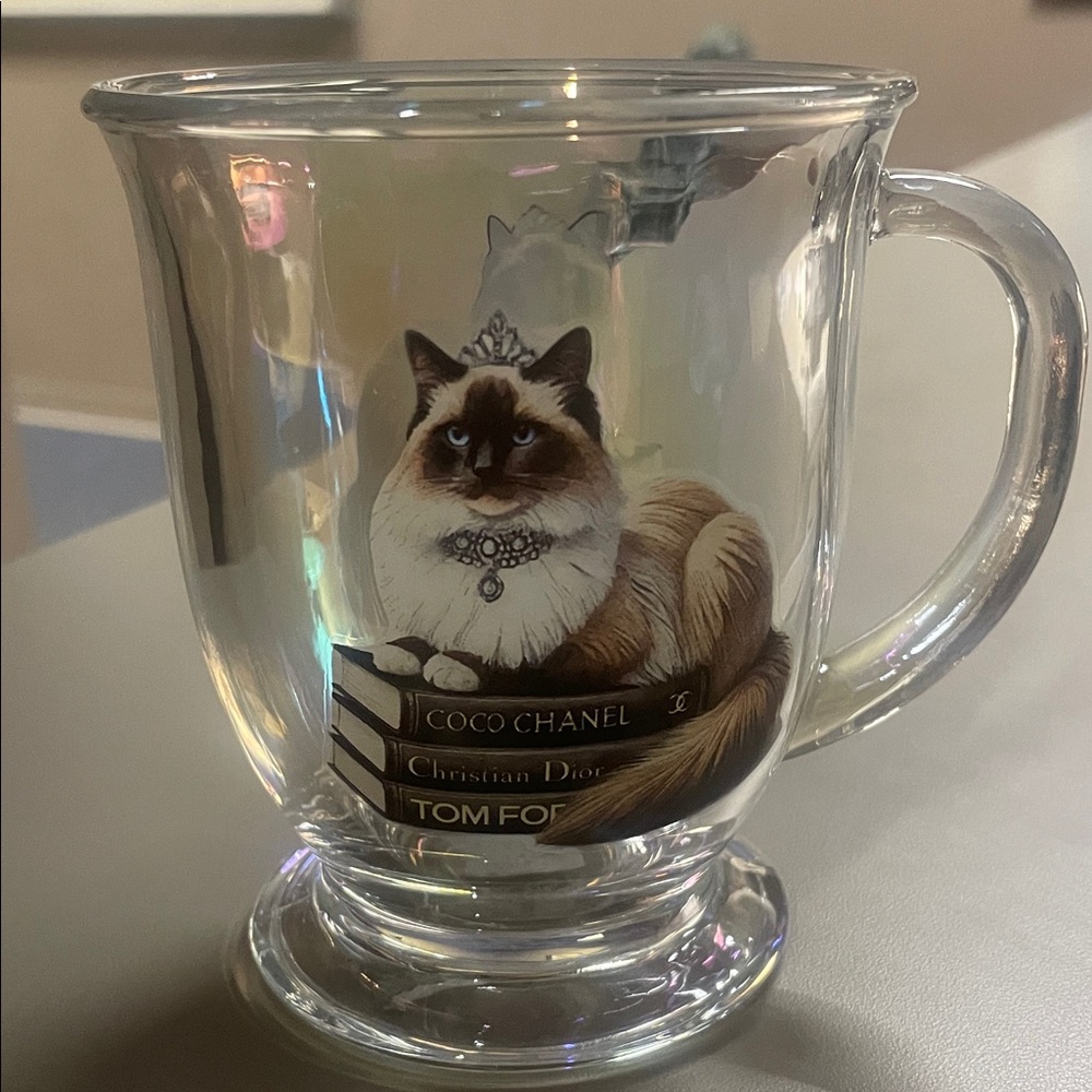 Cat with Tiara and Jewels Atop Designer Books Glass Iridescent Mug - Picture 2 of 5